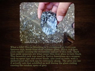 What a find! This is Obsidian, in it considered an Extrusive
Igneous rock, made from clear volcanic glass. Silica rich lava
cools rapidly causing the streamline texture of this rock. Dark
Iron oxide minerals are what cause this clear glass to turn black.
This beautiful rock was used by Native Americans as a weapon,
such as spear tips and arrow heads, also used as tools, with a
skilled hand this rock can be extremely sharp. The grey you see
if actually ash that solidified as well during the glass cooling
causing the random spots of grey.
Photo By Mark Herron
 