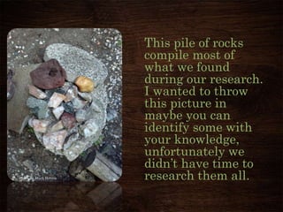 This pile of rocks
compile most of
what we found
during our research.
I wanted to throw
this picture in
maybe you can
identify some with
your knowledge,
unfortunately we
didn’t have time to
research them all.Photo By Mark Herron
 