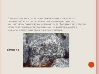 I believe this rock to be conglomerate which is a clastic sedimentary rock that contains large (greater then two millimeters in diameter) rounded particles. The space between the pebbles is generally filled with smaller particles and/or a chemical cement that binds the rock togetherSample # 5
