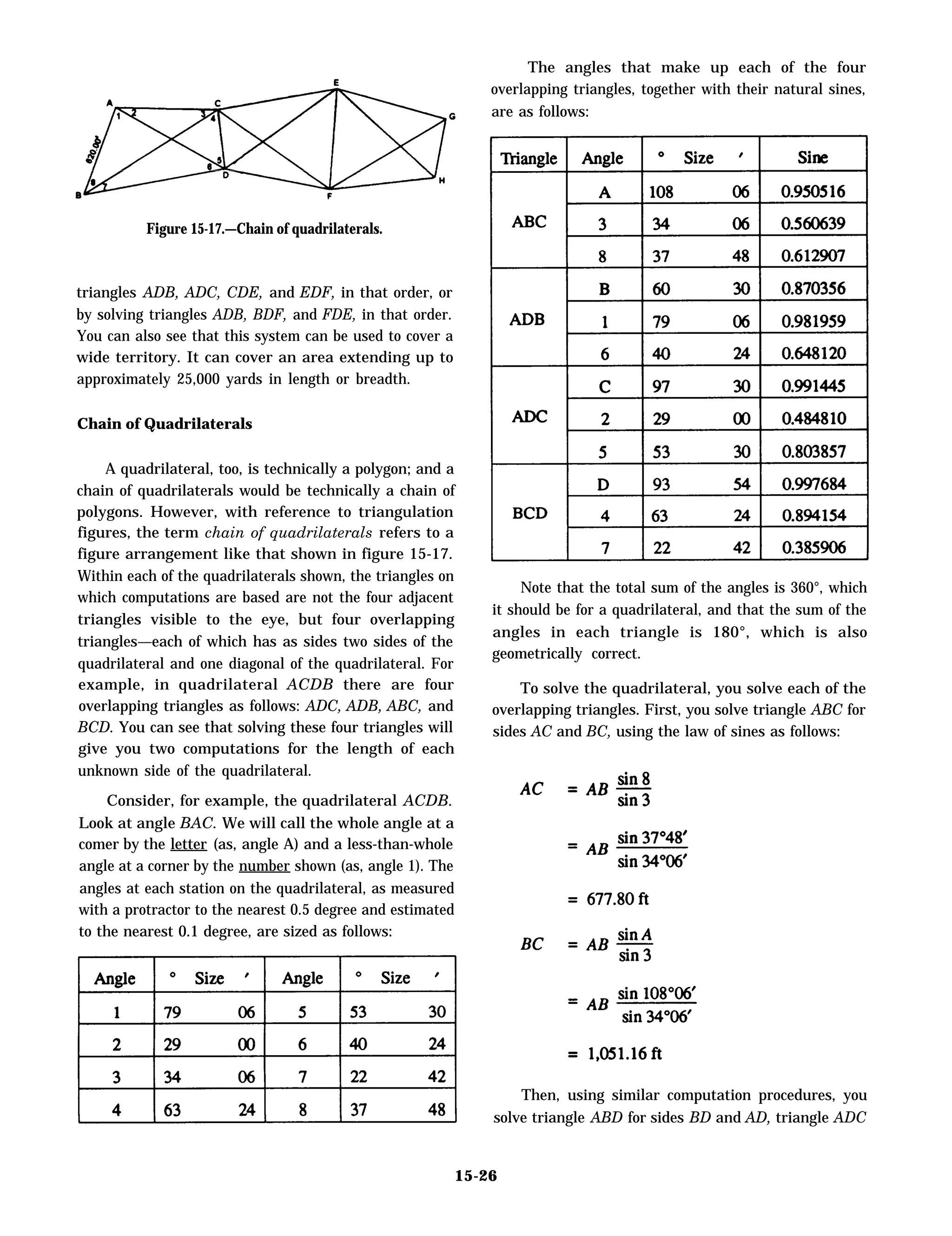 Figure 15-17.—Chain of quadrilaterals.
triangles ADB, ADC, CDE, and EDF, in that order, or
by solving triangles ADB, BDF, and FDE, in that order.
You can also see that this system can be used to cover a
wide territory. It can cover an area extending up to
approximately 25,000 yards in length or breadth.
Chain of Quadrilaterals
A quadrilateral, too, is technically a polygon; and a
chain of quadrilaterals would be technically a chain of
polygons. However, with reference to triangulation
figures, the term chain of quadrilaterals refers to a
figure arrangement like that shown in figure 15-17.
Within each of the quadrilaterals shown, the triangles on
which computations are based are not the four adjacent
triangles visible to the eye, but four overlapping
triangles—each of which has as sides two sides of the
quadrilateral and one diagonal of the quadrilateral. For
example, in quadrilateral ACDB there are four
overlapping triangles as follows: ADC, ADB, ABC, and
BCD. You can see that solving these four triangles will
give you two computations for the length of each
unknown side of the quadrilateral.
Consider, for example, the quadrilateral ACDB.
Look at angle BAC. We will call the whole angle at a
comer by the letter (as, angle A) and a less-than-whole
angle at a corner by the number shown (as, angle 1). The
angles at each station on the quadrilateral, as measured
with a protractor to the nearest 0.5 degree and estimated
to the nearest 0.1 degree, are sized as follows:
The angles that make up each of the four
overlapping triangles, together with their natural sines,
are as follows:
Note that the total sum of the angles is 360°, which
it should be for a quadrilateral, and that the sum of the
angles in each triangle is 180°, which is also
geometrically correct.
To solve the quadrilateral, you solve each of the
overlapping triangles. First, you solve triangle ABC for
sides AC and BC, using the law of sines as follows:
Then, using similar computation procedures, you
solve triangle ABD for sides BD and AD, triangle ADC
15-26
 