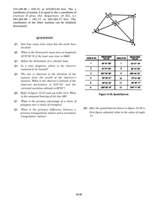 374,199.48 + 676.15, or 674,875.63 feet. The x
coordinate of station A is equal to the x coordinate of
station D plus the departure of DA, o r
563,383.60 + 181.17, or 563,564.77 feet. The
coordinates of the other stations can be similarly
determined.
Q1.
Q2.
Q3.
Q4.
Q5.
Q6.
Q7.
Q8.
QUESTIONS
Into how many time zones has the earth been
divided?
What is the Greenwich mean time at longitude
35°27´20´´E if the local zone time is 0900?
Define the declination of a celestial body.
In a time diagram, where is the observer
assumed to be located?
The sun is observed in the direction of the
equator from the zenith of the observer's
location. What is the observer's latitude if the
observed declination is N15°10´ and the
corrected meridian altitude is 62°07´?
Refer to figure 15-31 and use table 15-5. What
is the computed bearing of the line AB?
What is the primary advantage of a chain of
polygons over a chain of triangles?
What is the primary difference between a
primary triangulation station and a secondary
triangulation station?
Figure 15-32.-Quadrilateral.
Q9. After the quadrilateral shown in figure 15-32 is
first figure adjusted what is the value of angle
5?
15-41
 