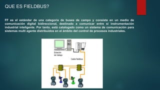 FF es el estándar de una categoría de buses de campo y consiste en un medio de
comunicación digital bidireccional, destinado a comunicar entre sí instrumentación
industrial inteligente. Por tanto, está catalogado como un sistema de comunicación para
sistemas multi agente distribuidos en el ámbito del control de procesos industriales.
QUE ES FIELDBUS?
 