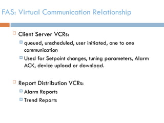 FAS: Virtual Communication Relationship
 Client Server VCRs:
 queued, unscheduled, user initiated, one to one
communication
 Used for Setpoint changes, tuning parameters, Alarm
ACK, device upload or download.
 Report Distribution VCRs:
 Alarm Reports
 Trend Reports
 