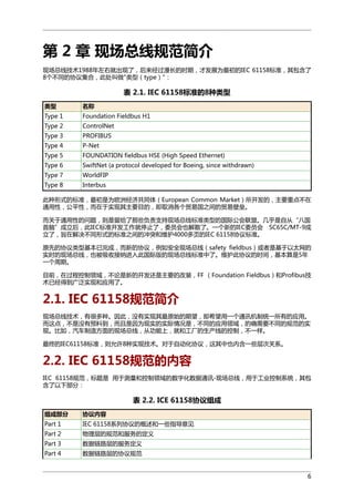 第 2 章 现场总线规范简介
现场总线技术1988年左右就出现了，后来经过漫长的时期，才发展为最初的IEC 61158标准，其包含了
8个不同的协议集合，此处叫做"类型（type）"：

表 2.1. IEC 61158标准的8种类型
类型

名称

Type 1

Foundation Fieldbus H1

Type 2

ControlNet

Type 3

PROFIBUS

Type 4

P-Net

Type 5

FOUNDATION fieldbus HSE (High Speed Ethernet)

Type 6

SwiftNet (a protocol developed for Boeing, since withdrawn)

Type 7

WorldFIP

Type 8

Interbus

此种形式的标准，最初是为欧洲经济共同体（European Common Market）所开发的，主要重点不在
通用性，公平性，而在于实现其主要目的，即取消各个贸易国之间的贸易壁垒。
而关于通用性的问题，则是留给了那些负责支持现场总线标准类型的国际公会联盟。几乎是自从“八国
首脑”成立后，此IEC标准开发工作就停止了，委员会也解散了。一个新的IEC委员会 SC65C/MT-9成
立了，旨在解决不同形式的标准之间的冲突和维护4000多页的IEC 61158协议标准。
原先的协议类型基本已完成，而新的协议，例如安全现场总线（safety fieldbus）或者是基于以太网的
实时的现场总线，也被吸收接纳进入此国际版的现场总线标准中了。维护此协议的时间，基本算是5年
一个周期。
目前，在过程控制领域，不论是新的开发还是主要的改装，FF （Foundation Fieldbus）和Profibus技
术已经得到广泛实现和应用了。

2.1. IEC 61158规范简介
现场总线技术，有很多种。因此，没有实现其最原始的期望，即希望用一个通讯机制统一所有的应用。
而这点，不是没有预料到，而且是因为现实的实际情况是，不同的应用领域，的确需要不同的规范的实
现。比如，汽车制造方面的现场总线，从功能上，就和工厂的生产线的控制，不一样。
最终的IEC61158标准，则允许8种实现技术。对于自动化协议，这其中也内含一些层次关系。

2.2. IEC 61158规范的内容
IEC 61158规范，标题是 用于测量和控制领域的数字化数据通讯-现场总线，用于工业控制系统，其包
含了以下部分：

表 2.2. ICE 61158协议组成
组成部分

协议内容

Part 1

IEC 61158系列协议的概述和一些指导意见

Part 2

物理层的规范和服务的定义

Part 3

数据链路层的服务定义

Part 4

数据链路层的协议规范

6

 