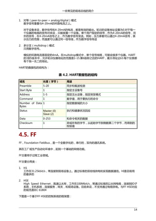 一些常见的现场总线的简介
1. 对等（peer-to-peer = analog/digital）模式
数字信号重叠与4-20mA的环路电流之上。
对于设备来说，数字信号和4-20mA的电流，都是有效的输出。轮训的设备地址设置为0.对于每一
个仪器的电缆的信号对来说，只能放置一个设备。单个用户指定的信号，作为4-20mA的信号，另
外的信号，在4-20mA信号之上，作为数字信号发送。例如，压力参数可以通过4-20mA信号，表
示压力的范围，而温度可以通过同一信号线，作为数字信号传送
2. 多分支（multidrop）模式
只用数字信号。
模拟的环路电流是固定的4mA。在multidrop模式中，单个信号线缆，可能会接多个仪器。HART
的3到5版本中，允许轮训仪器地址的范围是1-15.第6版即之后的HART，最大寻址达63.每个仪表都
有个独一无二的地址。
HART的数据包的结构为：

表 4.2. HART数据包的结构
域名

长度（字节）

用途

Preamble

5-20

同步和载波检测

Start Byte

1

指定主设备号

Address

1-5

指定注从设备，指定突发模式

Command

1

数字值，用于要执行的命令

Number of Data 1
Bytes

指定数据域的大小

Status

Master (0)
Slave (2)

执行和健康状况回应

Data

0-253

和命令相关的数据

Checksum

1

异或所有的字节，从起始字节到倒数第二个字节，而得到的
校验值

4.5. FF
FF，Foundation Fieldbus，是一个全数字化的，串行的，双向的通讯系统。
其在工厂或生产自动化环境中，起到一个基础的网络功能。
FF主要用于过程工业领域。
FF主要分两类：
1. H1
工作在31.25kbit/s，常连接到现场设备上。通过标准的双绞线供电和实现数据通信。HI是目前用
的最多的
2. HSE
High Speed Ethernet，高速以太网，工作在100Mbit/s，常通过标准的以太网电缆，连接到IO子
系统，主机系统，连接服务，网关，和现场设备。目前来说，不支持通过电缆供电。与FF HSE对应
的规范是IEC 61804
下图是一个基于FF HSE的控制系统的框架图：

14

 
