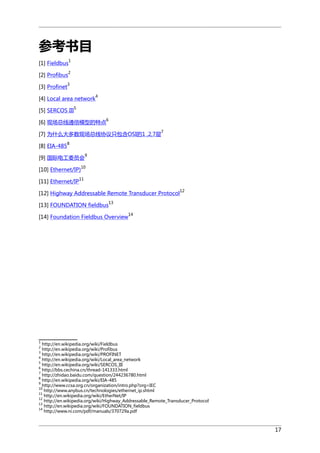 参考书目
1

[1] Fieldbus

2

[2] Profibus
[3] Profinet

3

[4] Local area network
[5] SERCOS III

4

5

[6] 现场总线通信模型的特点

6
7

[7] 为什么大多数现场总线协议只包含OSI的1 ,2,7层
8

[8] EIA-485

[9] 国际电工委员会

9

10

[10] Ethernet/IP)

11

[11] Ethernet/IP

[12] Highway Addressable Remote Transducer Protocol

12

13

[13] FOUNDATION fieldbus

[14] Foundation Fieldbus Overview

14

1

http://en.wikipedia.org/wiki/Fieldbus
http://en.wikipedia.org/wiki/Profibus
3
http://en.wikipedia.org/wiki/PROFINET
4
http://en.wikipedia.org/wiki/Local_area_network
5
http://en.wikipedia.org/wiki/SERCOS_III
6
http://bbs.cechina.cn/thread-141333.html
7
http://zhidao.baidu.com/question/244236780.html
8
http://en.wikipedia.org/wiki/EIA-485
9
http://www.ccsa.org.cn/organization/intro.php?org=IEC
10
http://www.anybus.cn/technologies/ethernet_ip.shtml
11
http://en.wikipedia.org/wiki/EtherNet/IP
12
http://en.wikipedia.org/wiki/Highway_Addressable_Remote_Transducer_Protocol
13
http://en.wikipedia.org/wiki/FOUNDATION_fieldbus
14
http://www.ni.com/pdf/manuals/370729a.pdf
2

17

 