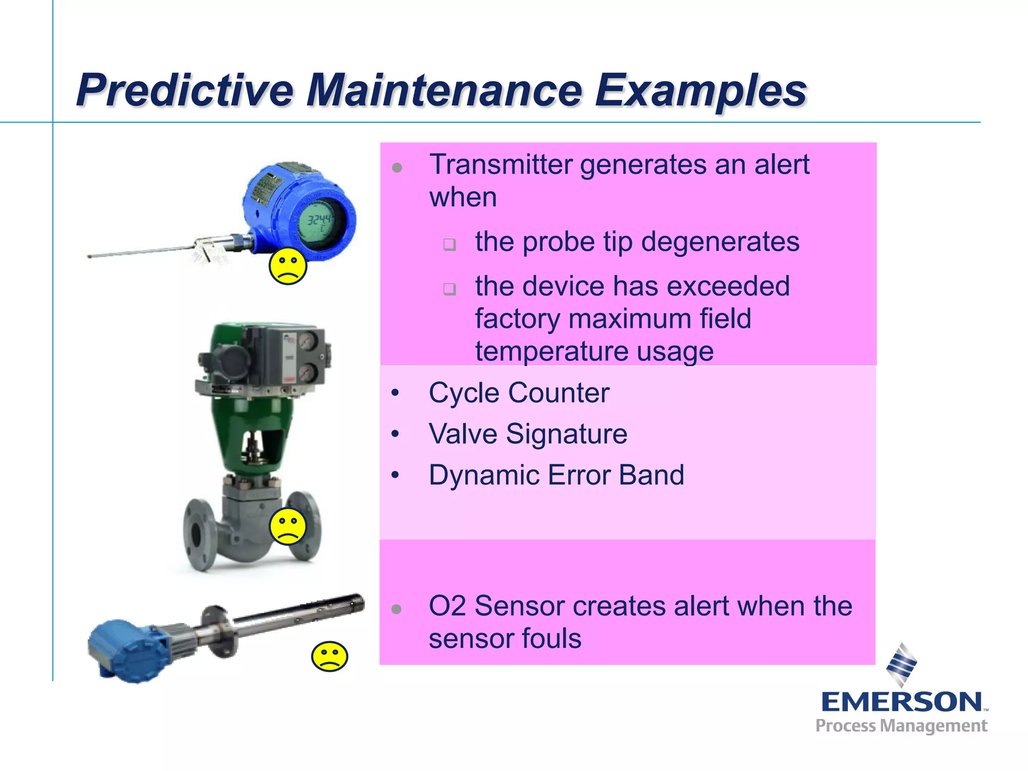 [File Name or Event]
Emerson Confidential
27-Jun-01, Slide 20
Predictive Maintenance Examples
 Transmitter generates an alert
when
 the probe tip degenerates
 the device has exceeded
factory maximum field
temperature usage
• Cycle Counter
• Valve Signature
• Dynamic Error Band
 O2 Sensor creates alert when the
sensor fouls
 