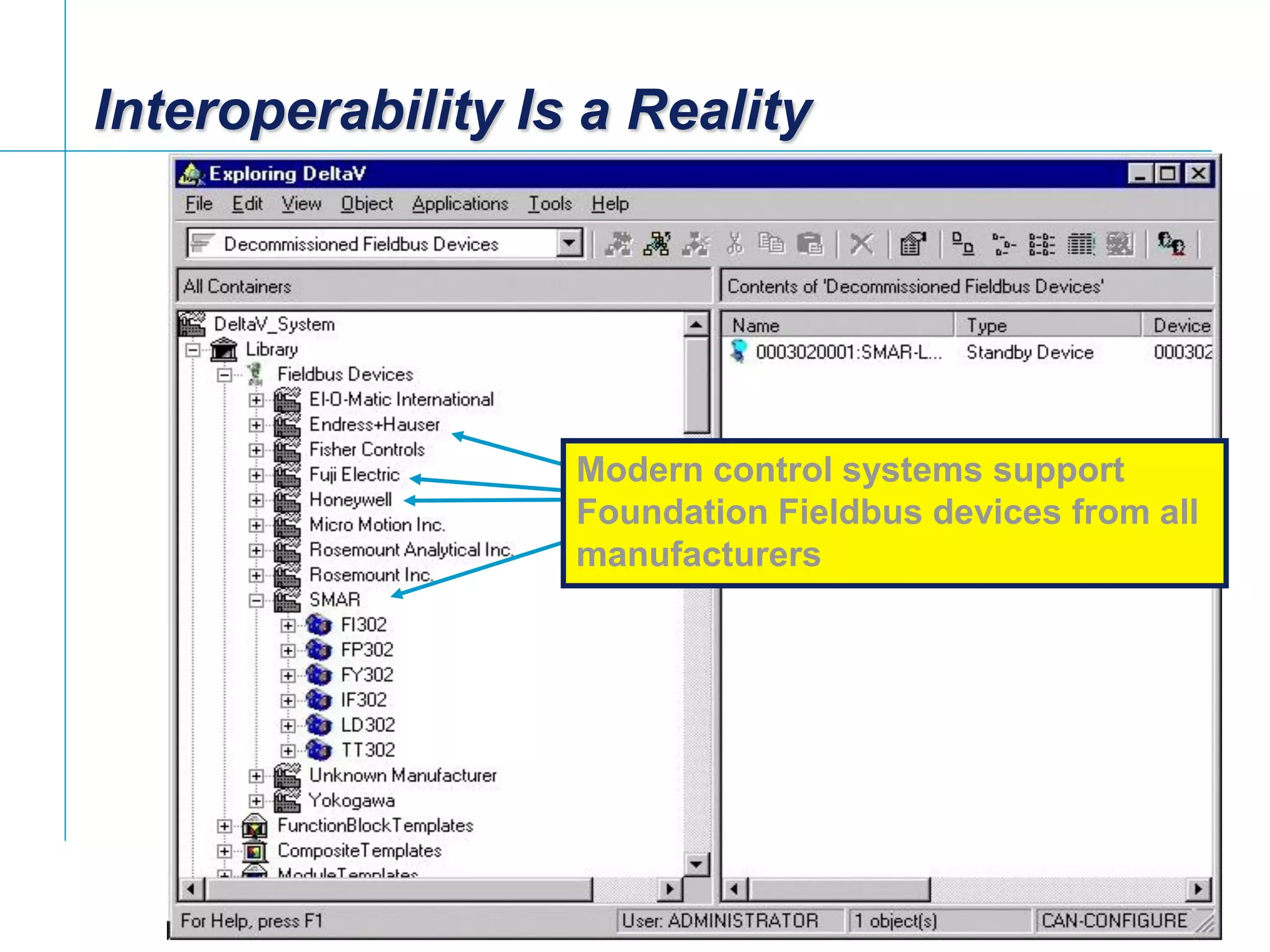 [File Name or Event]
Emerson Confidential
27-Jun-01, Slide 24
Interoperability Is a Reality
Modern control systems support
Foundation Fieldbus devices from all
manufacturers
 