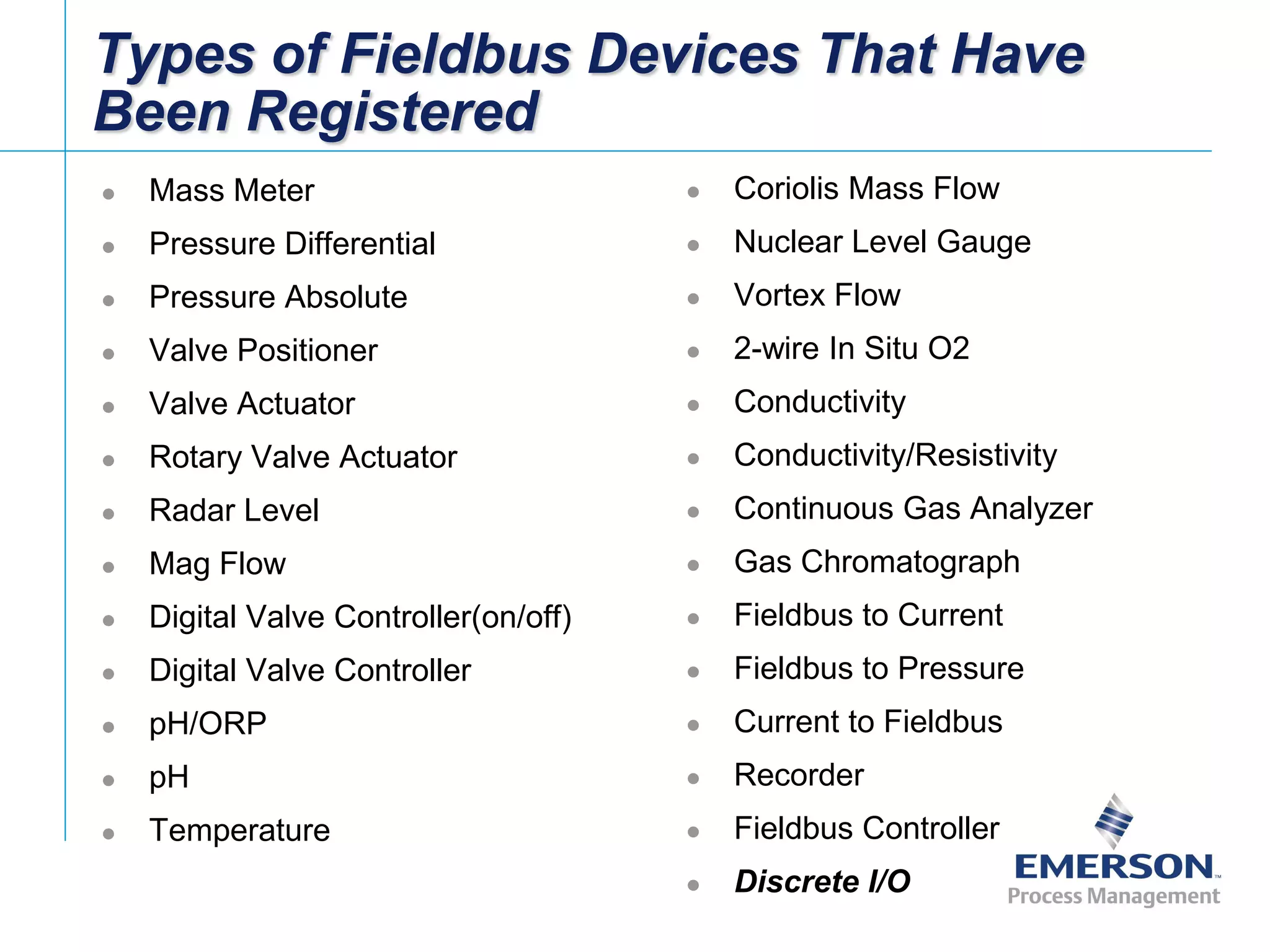 [File Name or Event]
Emerson Confidential
27-Jun-01, Slide 27
Types of Fieldbus Devices That Have
Been Registered
 Mass Meter
 Pressure Differential
 Pressure Absolute
 Valve Positioner
 Valve Actuator
 Rotary Valve Actuator
 Radar Level
 Mag Flow
 Digital Valve Controller(on/off)
 Digital Valve Controller
 pH/ORP
 pH
 Temperature
 Coriolis Mass Flow
 Nuclear Level Gauge
 Vortex Flow
 2-wire In Situ O2
 Conductivity
 Conductivity/Resistivity
 Continuous Gas Analyzer
 Gas Chromatograph
 Fieldbus to Current
 Fieldbus to Pressure
 Current to Fieldbus
 Recorder
 Fieldbus Controller
 Discrete I/O
 