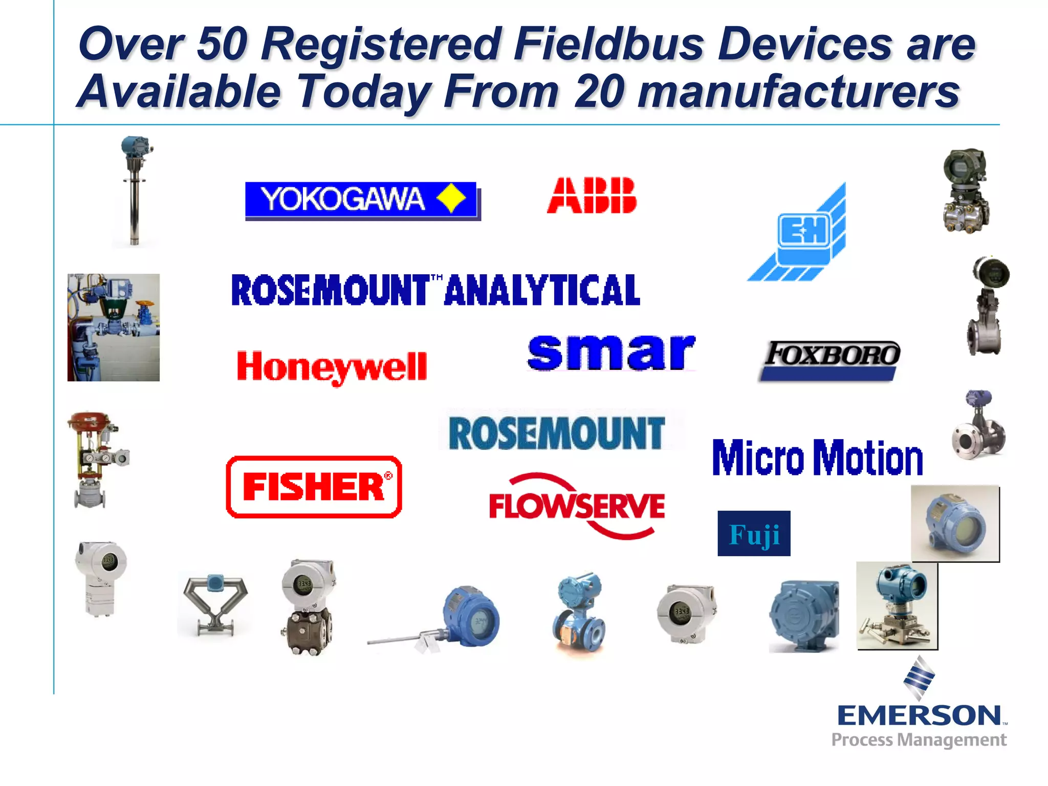 [File Name or Event]
Emerson Confidential
27-Jun-01, Slide 40
Over 50 Registered Fieldbus Devices are
Available Today From 20 manufacturers
Fuji
 