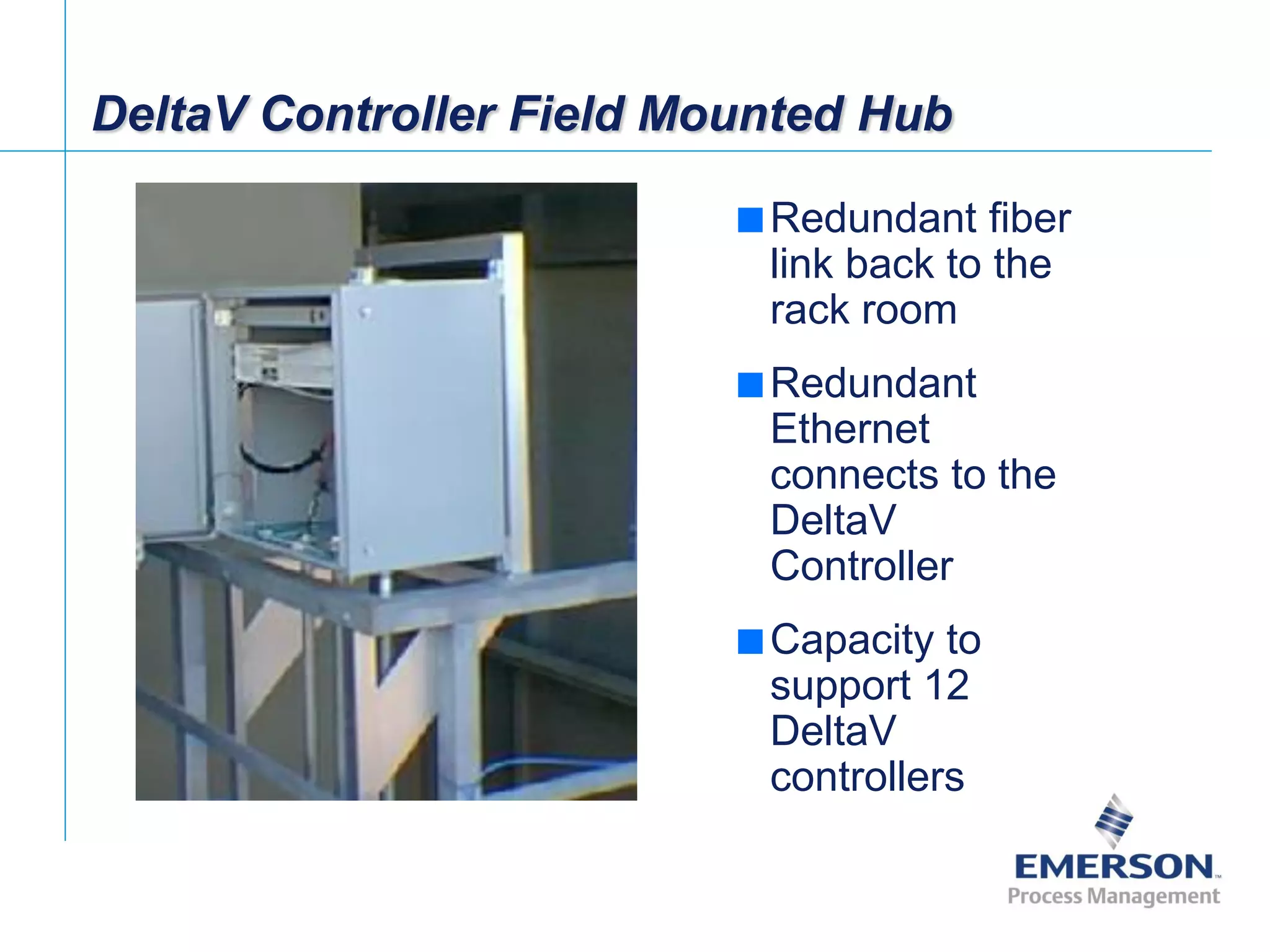 [File Name or Event]
Emerson Confidential
27-Jun-01, Slide 28
DeltaV Controller Field Mounted Hub
 Redundant fiber
link back to the
rack room
 Redundant
Ethernet
connects to the
DeltaV
Controller
 Capacity to
support 12
DeltaV
controllers
 
