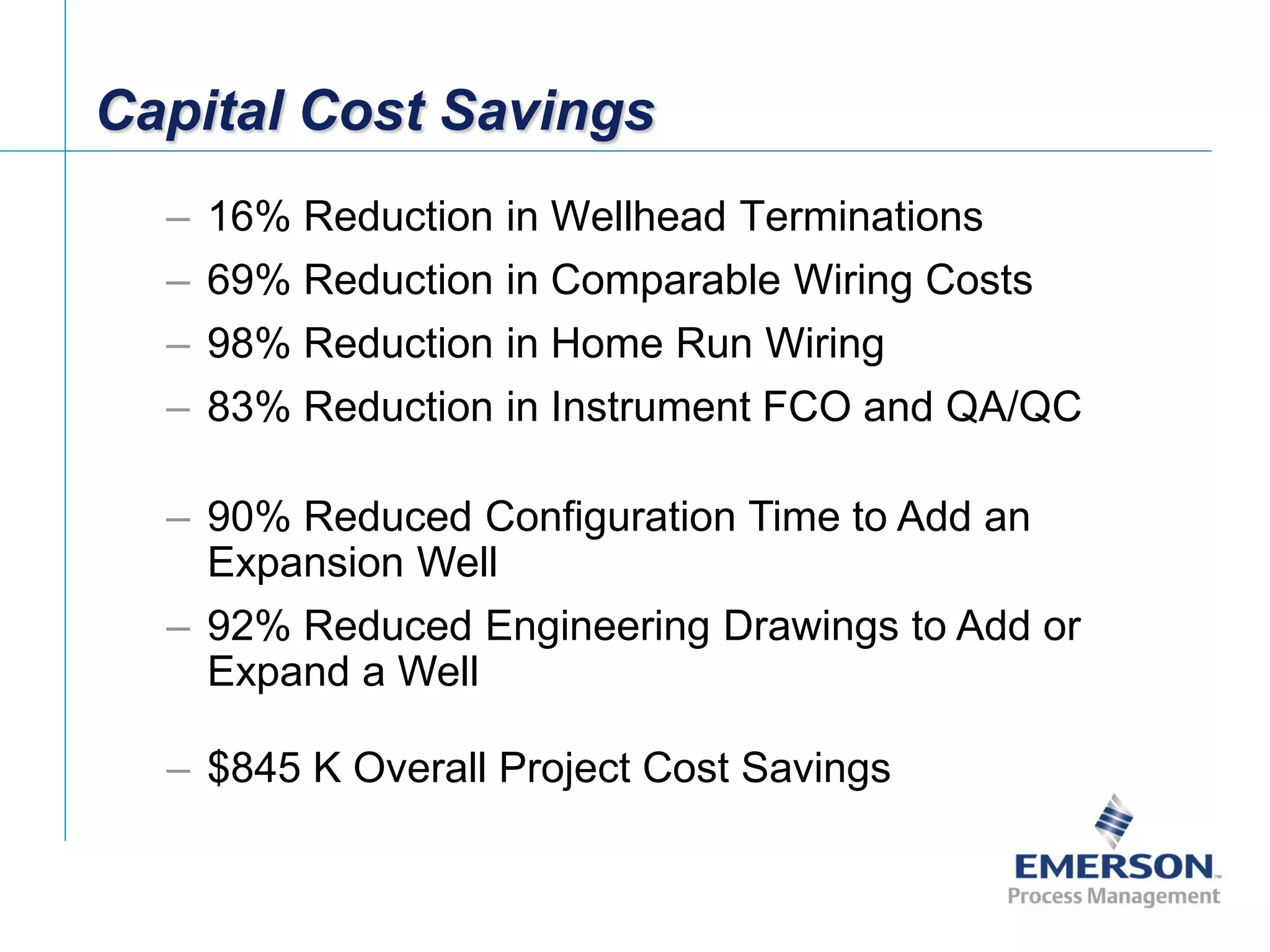 [File Name or Event]
Emerson Confidential
27-Jun-01, Slide 35
Capital Cost Savings
– 16% Reduction in Wellhead Terminations
– 69% Reduction in Comparable Wiring Costs
– 98% Reduction in Home Run Wiring
– 83% Reduction in Instrument FCO and QA/QC
– 90% Reduced Configuration Time to Add an
Expansion Well
– 92% Reduced Engineering Drawings to Add or
Expand a Well
– $845 K Overall Project Cost Savings
 