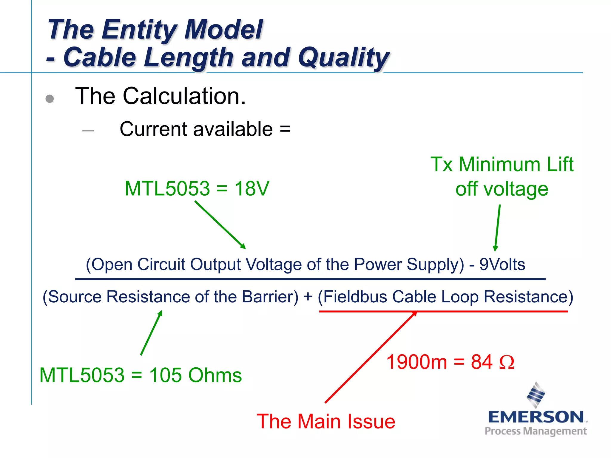 [File Name or Event]
Emerson Confidential
27-Jun-01, Slide 46
(Source Resistance of the Barrier) + (Fieldbus Cable Loop Resistance)
(Open Circuit Output Voltage of the Power Supply) - 9Volts
The Entity Model
- Cable Length and Quality
 The Calculation.
– Current available =
MTL5053 = 105 Ohms
MTL5053 = 18V
Tx Minimum Lift
off voltage
The Main Issue
1900m = 84
 