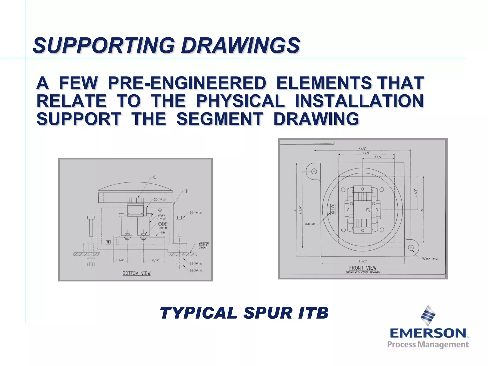 [File Name or Event]
Emerson Confidential
27-Jun-01, Slide 74
A FEW PRE-ENGINEERED ELEMENTS THAT
RELATE TO THE PHYSICAL INSTALLATION
SUPPORT THE SEGMENT DRAWING
TYPICAL SPUR ITB
SUPPORTING DRAWINGS
 