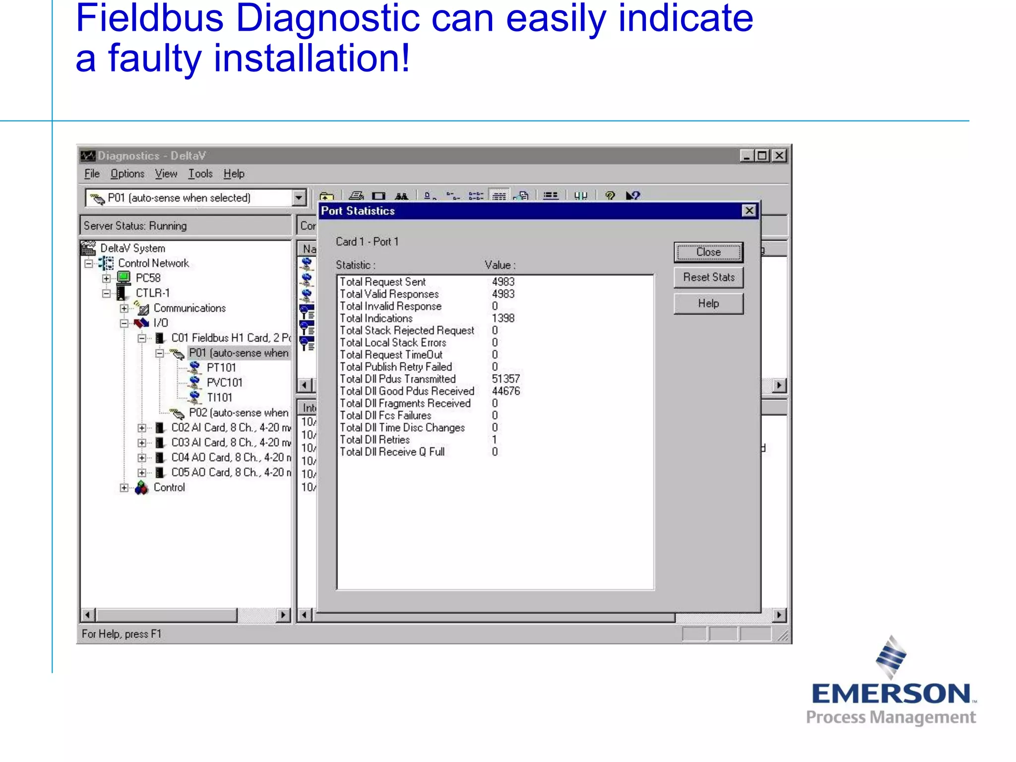 [File Name or Event]
Emerson Confidential
27-Jun-01, Slide 95
Fieldbus Diagnostic can easily indicate
a faulty installation!
 