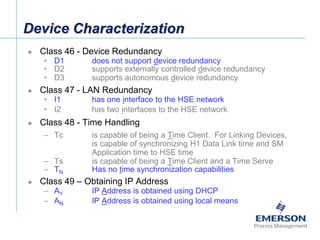 [File Name or Event]
Emerson Confidential
27-Jun-01, Slide 73
Device Characterization
 Class 46 - Device Redundancy
• D1 does not support device redundancy
• D2 supports externally controlled device redundancy
• D3 supports autonomous device redundancy
 Class 47 - LAN Redundancy
• I1 has one interface to the HSE network
• I2 has two interfaces to the HSE network
 Class 48 - Time Handling
– Tc is capable of being a Time Client. For Linking Devices,
is capable of synchronizing H1 Data Link time and SM
Application time to HSE time
– Ts is capable of being a Time Client and a Time Serve
– TN Has no time synchronization capabilities
 Class 49 – Obtaining IP Address
– AY IP Address is obtained using DHCP
– AN IP Address is obtained using local means
 