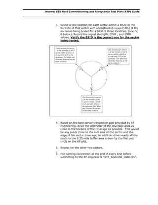 Huawei BTS Field Commissioning and Acceptance Test Plan (ATP) Guide
3. Select a test location for each sector within a block in the
boresite of that sector with unobstructed views (LOS) of the
antennas being tested for a total of three locations. (see Fig
6 below). Record the signal strength, CINR , and BSID
values. Verify the BSID is the correct one for the sector
being tested.
4. Based on the best server transmitter plot provided by RF
engineering, drive the perimeter of the coverage area as
close to the borders of the coverage as possible. This would
be any roads close to the null area of the sector and the
edge of the sector coverage. In addition drive nearly all the
roads in the 0.25 mile buffer area shown by the first red
circle on the RF plot.
5. Repeat for the other two sectors.
6. File naming convention at the end of every test before
submitting to the RF engineer is “ATP_SectorID_Date.csv”.
 