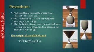 FieldDensityMethod
5. Now install entire assembly of sand cone.
(plastic bottle + sand cone)
6. Fill the bottle with dry sand and weight the
assembly. (W3 - in Kg)
7. Shut the button of cone, invert the cone and open
it release one cone of sand and weight again the
assembly. (W4 – in Kg)
For weight of conefull of sand
W3-W4 (=Wc – in Kg)
Procedure:
 