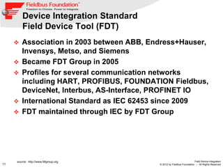 Device Integration Standard
         Field Device Tool (FDT)
        Association in 2003 between ABB, Endress+Hauser,
   ...
