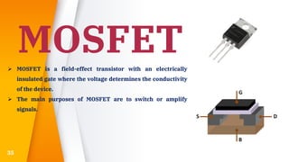MOSFET
35
 MOSFET is a field-effect transistor with an electrically
insulated gate where the voltage determines the conductivity
of the device.
 The main purposes of MOSFET are to switch or amplify
signals.
 