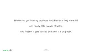 cartasite®
Confidential
Copyright Cartasite, Inc
All Rights Reserved
The oil and gas industry produces ~9M Barrels a Day in the US
and nearly 30M Barrels of water,
and most of it gets trucked and all of it is on paper.
 