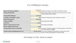 cartasite®
Confidential
Copyright Cartasite, Inc
All Rights Reserved
it is a $29B/year industry
fieldFLOW Market Analytics
Daily US Oil Production (BOE/D) 9,000,000 Variables (assumptions) are in yellow. Formulas are in green
Average Oil Water Ratio 3.3 DOE estimates 3.3BBL of produced water for every barrel of oil. Most
industry estimates are even higher.
Produced Water (BBL/day) 29,700,000
% of Water Trucked (BBL) vs. piped 85% Consensus estimates from recent conference in Houston.
Barrels Hauled per Day 25,245,000
Average Load (BBL) 115 typical trailer holds 130BBL
Loads / Day 219,522
Number of Loads per day per truck 4 varies widely by geography
Number of Water Hauling Trucks 54,880
Average Disposal Cost per Trucked BBL $3.20 Transport and disposal cost/barrel. This is likely quite low. Some areas
are currently paying over $9/BBL.
Total $$ on Water Hauling/Disposal per Year $29,486,160,000 This number is interesting simply because it scopes how much the
industry currently spends getting rid of produced water.
and today it is ALL done on paper
 