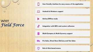 WHY
Field Force
User friendly interface for easy access of the application
Android & Windows support
Online/Offline mode
Integration with ERPs and custom softwares
Multi-Company & Multi-Currency support
Pre Sales, Direct Store Delivery and Van Sales
Role & Rule based access
 