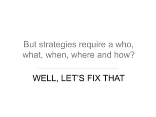 But strategies require a who, 
what, when, where and how? 
WELL, LET’S FIX THAT 
 