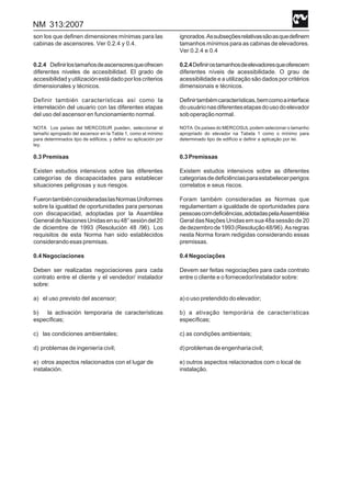 NM 313:2007
son los que definen dimensiones mínimas para las
cabinas de ascensores. Ver 0.2.4 y 0.4.
0.2.4 Definirlostamañosdeascensoresqueofrecen
diferentes niveles de accesibilidad. El grado de
accesibilidadyutilizaciónestádadoporloscriterios
dimensionales y técnicos.
Definir también características así como la
interrelación del usuario con las diferentes etapas
del uso del ascensor en funcionamiento normal.
NOTA Los países del MERCOSUR pueden, seleccionar el
tamaño apropiado del ascensor en la Tabla 1, como el mínimo
para determinados tipo de edificios, y definir su aplicación por
ley.
0.3 Premisas
Existen estudios intensivos sobre las diferentes
categorías de discapacidades para establecer
situaciones peligrosas y sus riesgos.
FuerontambiénconsideradaslasNormasUniformes
sobre la igualdad de oportunidades para personas
con discapacidad, adoptadas por la Asamblea
GeneraldeNacionesUnidasensu48°sesióndel20
de diciembre de 1993 (Resolución 48 /96). Los
requisitos de esta Norma han sido establecidos
considerando esas premisas.
0.4 Negociaciones
Deben ser realizadas negociaciones para cada
contrato entre el cliente y el vendedor/ instalador
sobre:
a) el uso previsto del ascensor;
b) la activación temporaria de características
específicas;
c) las condiciones ambientales;
d) problemas de ingeniería civil;
e) otros aspectos relacionados con el lugar de
instalación.
ignorados.Assubseçõesrelativassãoasquedefinem
tamanhos mínimos para as cabinas de elevadores.
Ver 0.2.4 e 0.4
0.2.4Definirostamanhosdeelevadoresqueoferecem
diferentes níveis de acessibilidade. O grau de
acessibilidade e a utilização são dados por critérios
dimensionais e técnicos.
Definirtambémcaracterísticas,bemcomoainterface
dousuárionasdiferentesetapasdousodoelevador
soboperaçãonormal.
NOTA Os países do MERCOSUL podem selecionar o tamanho
apropriado do elevador na Tabela 1 como o mínimo para
determinado tipo de edifício e definir a aplicação por lei.
0.3Premissas
Existem estudos intensivos sobre as diferentes
categoriasdedeficiênciasparaestabelecerperigos
correlatos e seus riscos.
Foram também consideradas as Normas que
regulamentam a igualdade de oportunidades para
pessoascomdeficiências,adotadaspelaAssembléia
GeraldasNaçõesUnidasemsua48asessãode20
dedezembrode1993(Resolução48/96).Asregras
nesta Norma foram redigidas considerando essas
premissas.
0.4 Negociações
Devem ser feitas negociações para cada contrato
entre o cliente e o fornecedor/instalador sobre:
a) o uso pretendido do elevador;
b) a ativação temporária de características
específicas;
c) as condições ambientais;
d)problemasdeengenhariacivil;
e) outros aspectos relacionados com o local de
instalação.
 