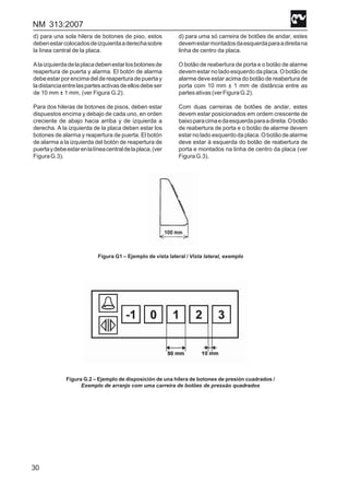 NM 313:2007
30
d) para una sola hilera de botones de piso, estos
debenestarcolocadosdeizquierdaaderechasobre
la línea central de la placa.
Alaizquierdadelaplacadebenestarlosbotonesde
reapertura de puerta y alarma. El botón de alarma
debeestarporencimadeldereaperturadepuertay
ladistanciaentrelaspartesactivasdeellosdebeser
de 10 mm ± 1 mm, (ver Figura G.2).
Para dos hileras de botones de pisos, deben estar
dispuestos encima y debajo de cada uno, en orden
creciente de abajo hacia arriba y de izquierda a
derecha. A la izquierda de la placa deben estar los
botones de alarma y reapertura de puerta. El botón
de alarma a la izquierda del botón de reapertura de
puertaydebeestarenlalíneacentraldelaplaca,(ver
FiguraG.3).
d) para uma só carreira de botões de andar, estes
devemestarmontadosdaesquerdaparaadireitana
linha de centro da placa.
O botão de reabertura de porta e o botão de alarme
devem estar no lado esquerdo da placa. O botão de
alarme deve estar acima do botão de reabertura de
porta com 10 mm ± 1 mm de distância entre as
partesativas(verFiguraG.2).
Com duas carreiras de botões de andar, estes
devem estar posicionados em ordem crescente de
baixoparacimaedaesquerdaparaadireita.Obotão
de reabertura de porta e o botão de alarme devem
estarnoladoesquerdodaplaca.Obotãodealarme
deve estar à esquerda do botão de reabertura de
porta e montados na linha de centro da placa (ver
FiguraG.3).
Figura G1 – Ejemplo de vista lateral / Vista lateral, exemplo
Figura G.2 – Ejemplo de disposición de una hilera de botones de presión cuadrados /
Exemplo de arranjo com uma carreira de botões de pressão quadrados
 