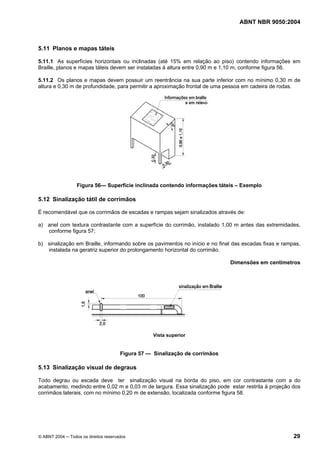 ABNT NBR 9050:2004
© ABNT 2004 ─ Todos os direitos reservados 29
5.11 Planos e mapas táteis
5.11.1 As superfícies horizontais ou inclinadas (até 15% em relação ao piso) contendo informações em
Braille, planos e mapas táteis devem ser instaladas à altura entre 0,90 m e 1,10 m, conforme figura 56.
5.11.2 Os planos e mapas devem possuir um reentrância na sua parte inferior com no mínimo 0,30 m de
altura e 0,30 m de profundidade, para permitir a aproximação frontal de uma pessoa em cadeira de rodas.
Figura 56— Superfície inclinada contendo informações táteis – Exemplo
5.12 Sinalização tátil de corrimãos
É recomendável que os corrimãos de escadas e rampas sejam sinalizados através de:
a) anel com textura contrastante com a superfície do corrimão, instalado 1,00 m antes das extremidades,
conforme figura 57;
b) sinalização em Braille, informando sobre os pavimentos no início e no final das escadas fixas e rampas,
instalada na geratriz superior do prolongamento horizontal do corrimão.
Dimensões em centímetros
Vista superior
Figura 57 — Sinalização de corrimãos
5.13 Sinalização visual de degraus
Todo degrau ou escada deve ter sinalização visual na borda do piso, em cor contrastante com a do
acabamento, medindo entre 0,02 m e 0,03 m de largura. Essa sinalização pode estar restrita à projeção dos
corrimãos laterais, com no mínimo 0,20 m de extensão, localizada conforme figura 58.
 