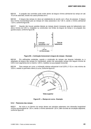ABNT NBR 9050:2004
© ABNT 2004 ─ Todos os direitos reservados 43
6.5.1.5 A projeção dos corrimãos pode incidir dentro da largura mínima admissível da rampa em até
10 cm de cada lado, exceto nos casos previstos em 0.
6.5.1.6 A largura das rampas (L) deve ser estabelecida de acordo com o fluxo de pessoas. A largura
livre mínima recomendável para as rampas em rotas acessíveis é de 1,50 m, sendo o mínimo admissível
1,20 m, conforme figura 80.
6.5.1.7 Quando não houver paredes laterais as rampas devem incorporar guias de balizamento com
altura mínima de 0,05 m, instaladas ou construídas nos limites da largura da rampa e na projeção dos
guarda-corpos, conforme figura 80.
Figura 80 — Inclinação transversal e largura de rampas - Exemplo
6.5.1.8 Em edificações existentes, quando a construção de rampas nas larguras indicadas ou a
adaptação da largura das rampas for impraticável, podem ser executadas rampas com largura mínima de
0,90 m com segmentos de no máximo 4,00 m, medidos na sua projeção horizontal.
6.5.1.9 Para rampas em curva, a inclinação máxima admissível é de 8,33% (1:12) e o raio mínimo de
3,00 m, medido no perímetro interno à curva, conforme figura 81.
Vista superior
Figura 81 — Rampa em curva - Exemplo
6.5.2 Patamares das rampas
6.5.2.1 No início e no término da rampa devem ser previstos patamares com dimensão longitudinal
mínima recomendável de 1,50 m, sendo o mínimo admissível 1,20 m, além da área de circulação adjacente,
conforme figura 82.
 