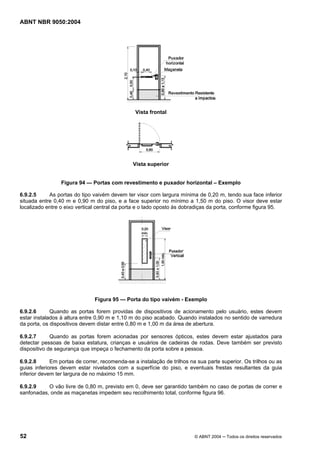 ABNT NBR 9050:2004
52 © ABNT 2004 ─ Todos os direitos reservados
Vista frontal
Vista superior
Figura 94 — Portas com revestimento e puxador horizontal – Exemplo
6.9.2.5 As portas do tipo vaivém devem ter visor com largura mínima de 0,20 m, tendo sua face inferior
situada entre 0,40 m e 0,90 m do piso, e a face superior no mínimo a 1,50 m do piso. O visor deve estar
localizado entre o eixo vertical central da porta e o lado oposto às dobradiças da porta, conforme figura 95.
Figura 95 — Porta do tipo vaivém - Exemplo
6.9.2.6 Quando as portas forem providas de dispositivos de acionamento pelo usuário, estes devem
estar instalados à altura entre 0,90 m e 1,10 m do piso acabado. Quando instalados no sentido de varredura
da porta, os dispositivos devem distar entre 0,80 m e 1,00 m da área de abertura.
6.9.2.7 Quando as portas forem acionadas por sensores ópticos, estes devem estar ajustados para
detectar pessoas de baixa estatura, crianças e usuários de cadeiras de rodas. Deve também ser previsto
dispositivo de segurança que impeça o fechamento da porta sobre a pessoa.
6.9.2.8 Em portas de correr, recomenda-se a instalação de trilhos na sua parte superior. Os trilhos ou as
guias inferiores devem estar nivelados com a superfície do piso, e eventuais frestas resultantes da guia
inferior devem ter largura de no máximo 15 mm.
6.9.2.9 O vão livre de 0,80 m, previsto em 0, deve ser garantido também no caso de portas de correr e
sanfonadas, onde as maçanetas impedem seu recolhimento total, conforme figura 96.
 