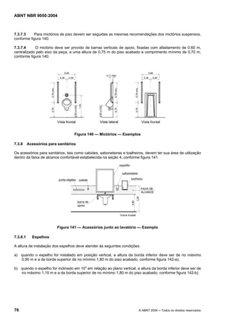 ABNT NBR 9050:2004
76 © ABNT 2004 ─ Todos os direitos reservados
7.3.7.3 Para mictórios de piso devem ser seguidas as mesmas recomendações dos mictórios suspensos,
conforme figura 140.
7.3.7.4 O mictório deve ser provido de barras verticais de apoio, fixadas com afastamento de 0,60 m,
centralizado pelo eixo da peça, a uma altura de 0,75 m do piso acabado e comprimento mínimo de 0,70 m,
conforme figura 140.
Figura 140 — Mictórios — Exemplos
7.3.8 Acessórios para sanitários
Os acessórios para sanitários, tais como cabides, saboneteiras e toalheiros, devem ter sua área de utilização
dentro da faixa de alcance confortável estabelecida na seção 4, conforme figura 141.
Figura 141 — Acessórios junto ao lavatório — Exemplo
7.3.8.1 Espelhos
A altura de instalação dos espelhos deve atender às seguintes condições:
a) quando o espelho for instalado em posição vertical, a altura da borda inferior deve ser de no máximo
0,90 m e a da borda superior de no mínimo 1,80 m do piso acabado, conforme figura 142-a);
b) quando o espelho for inclinado em 10o
em relação ao plano vertical, a altura da borda inferior deve ser de
no máximo 1,10 m e a da borda superior de no mínimo 1,80 m do piso acabado, conforme figura 142-b).
 