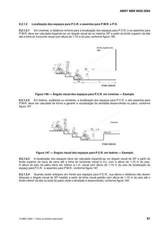 ABNT NBR 9050:2004
© ABNT 2004 ─ Todos os direitos reservados 81
8.2.1.2 Localização dos espaços para P.C.R. e assentos para P.M.R. e P.O.
8.2.1.2.1 Em cinemas, a distância mínima para a localização dos espaços para P.C.R. e os assentos para
P.M.R. deve ser calculada traçando-se um ângulo visual de no máximo 30º a partir do limite superior da tela
até a linha do horizonte visual com altura de 1,15 m do piso conforme figura 146.
Figura 146 — Ângulo visual dos espaços para P.C.R. em cinemas — Exemplo
8.2.1.2.2 Em teatros, auditórios ou similares, a localização dos espaços para P.C.R. e dos assentos para
P.M.R. deve ser calculada de forma a garantir a visualização da atividade desenvolvida no palco, conforme
figura 147.
Figura 147 — Ângulo visual dos espaços para P.C.R. em teatros — Exemplo
8.2.1.2.3 A localização dos espaços deve ser calculada traçando-se um ângulo visual de 30º a partir do
limite superior da boca de cena até a linha do horizonte visual (L.H.), com a altura de 1,15 m do piso.
A altura do piso do palco deve ser inferior à L.H. visual com altura de 1,15 m do piso da localização do
espaço para P.C.R. e assentos para P.M.R., conforme figura 147.
8.2.1.2.4 Quando existir anteparo em frente aos espaços para P.C.R., sua altura e distância não devem
bloquear o ângulo visual de 30º medido a partir da linha visual padrão com altura de 1,15 m do piso até o
limite inferior da tela ou local do palco onde a atividade é desenvolvida, conforme figura 148.
 