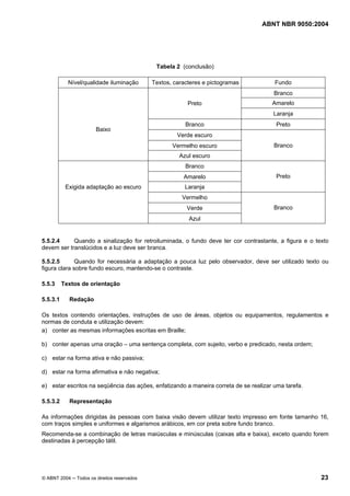 ABNT NBR 9050:2004
© ABNT 2004 ─ Todos os direitos reservados 23
Tabela 2 (conclusão)
Nível/qualidade iluminação Textos, caracteres e pictogramas Fundo
Branco
AmareloPreto
Laranja
Branco Preto
Verde escuro
Vermelho escuro
Baixo
Azul escuro
Branco
Branco
Amarelo
Laranja
Preto
Vermelho
Exigida adaptação ao escuro
Verde
Azul
Branco
5.5.2.4 Quando a sinalização for retroiluminada, o fundo deve ter cor contrastante, a figura e o texto
devem ser translúcidos e a luz deve ser branca.
5.5.2.5 Quando for necessária a adaptação a pouca luz pelo observador, deve ser utilizado texto ou
figura clara sobre fundo escuro, mantendo-se o contraste.
5.5.3 Textos de orientação
5.5.3.1 Redação
Os textos contendo orientações, instruções de uso de áreas, objetos ou equipamentos, regulamentos e
normas de conduta e utilização devem:
a) conter as mesmas informações escritas em Braille;
b) conter apenas uma oração – uma sentença completa, com sujeito, verbo e predicado, nesta ordem;
c) estar na forma ativa e não passiva;
d) estar na forma afirmativa e não negativa;
e) estar escritos na seqüência das ações, enfatizando a maneira correta de se realizar uma tarefa.
5.5.3.2 Representação
As informações dirigidas às pessoas com baixa visão devem utilizar texto impresso em fonte tamanho 16,
com traços simples e uniformes e algarismos arábicos, em cor preta sobre fundo branco.
Recomenda-se a combinação de letras maiúsculas e minúsculas (caixas alta e baixa), exceto quando forem
destinadas à percepção tátil.
 