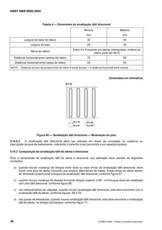 ABNT NBR 9050:2004
34 © ABNT 2004 ─ Todos os direitos reservados
Tabela 4 — Dimensões da sinalização tátil direcional
Mínimo
mm
Máximo
mm
Largura de base do relevo 30 40
Largura do topo 20 30
Altura do relevo
Entre 4 e 5 (quando em placas sobrepostas, a altura do
relevo pode ser de 3)
Distância horizontal entre centros de relevo 70 85
Distância horizontal entre bases de relevo 45 55
NOTA Distância do eixo da primeira linha de relevo à borda do piso = ½ distância horizontal entre centros.
Dimensões em milímetros
Figura 66 — Sinalização tátil direcional — Modulação do piso
5.14.2.3 A sinalização tátil direcional deve ser utilizada em áreas de circulação na ausência ou
interrupção da guia de balizamento, indicando o caminho a ser percorrido e em espaços amplos.
5.14.3 Composição da sinalização tátil de alerta e direcional
Para a composição da sinalização tátil de alerta e direcional, sua aplicação deve atender às seguintes
condições:
a) quando houver mudança de direção entre duas ou mais linhas de sinalização tátil direcional, deve
haver uma área de alerta indicando que existem alternativas de trajeto. Essas áreas de alerta devem
ter dimensão proporcional à largura da sinalização tátil direcional, conforme figura 67;
b) quando houver mudança de direção formando ângulo superior a 90°, a linha-guia deve ser sinalizada
com piso tátil direcional, conforme figura 68;
c) nos rebaixamentos de calçadas, quando houver sinalização tátil direcional, esta deve encontrar com a
sinalização tátil de alerta, conforme figuras 69 e 70;
d) nas portas de elevadores, quando houver sinalização tátil direcional, esta deve encontrar a sinalização
tátil de alerta, na direção da botoeira, conforme figura 71;
 