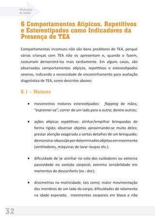 Ministério
da Saúde
32
6 Comportamentos Atípicos, Repetitivos
e Estereotipados como Indicadores da
Presença de TEA
Comportamentos incomuns não são bons preditores de TEA, porque
várias crianças com TEA não os apresentam e, quando o fazem,
costumam demonstrá-los mais tardiamente. Em alguns casos, são
observados comportamentos atípicos, repetitivos e estereotipados
severos, indicando a necessidade de encaminhamento para avaliação
diagnóstica de TEA, como descritos abaixo:
6.1 – Motores
• movimentos motores estereotipados: ﬂapping de mãos;
“espremer-se”; correr de um lado para o outro; dentre outros;
• ações atípicas repetitivas: alinhar/empilhar brinquedos de
forma rígida; observar objetos aproximando-se muito deles;
prestar atenção exagerada a certos detalhes de um brinquedo;
demonstrarobsessãopordeterminadosobjetosemmovimento
(ventiladores, máquinas de lavar roupas etc.).
• diﬁculdade de se aninhar no colo dos cuidadores ou extrema
passividade no contato corporal; extrema sensibilidade em
momentos de desconforto (ex.: dor);
• dissimetrias na motricidade, tais como: maior movimentação
dos membros de um lado do corpo; diﬁculdades de rolamento
na idade esperada; movimentos corporais em bloco e não
 