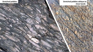 Stretched pebbles Stretched pebbles oblique to
shear bands
 