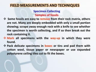 FIELD MEASUREMENTS AND TECHNIQUES
Specimen Collecting
Samples of fossils
 Some fossils are easy to remove from their rock matrix, others
are not. Many are deeply embedded with only a small portion
showing; scrape away enough rock with a knife to see whether
the specimen is worth collecting, and if so then break out the
rock containing it.
 Mark all specimens with the way-up in which they were
found.
 Pack delicate specimens in boxes or tins and pad them with
cotton wool, tissue paper or newspaper or use expanded
polystyrene ceiling tiles cut to fit the boxes.
 