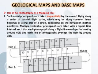 GEOLOGICAL MAPS AND BASE MAPS
 Use of Air Photography as a Mapping Tool
 Such aerial photographs are taken sequentially by the aircraft flying along
a series of parallel flight paths, which may be along common linear
bearings or along arcs of a circle, depending on the navigation method
employed. Multiple vertical air photographs are taken with a repeat time
interval, such that each photograph along a flight line overlaps the next by
around 60% and each line of photographs overlaps the next by around
30%
 