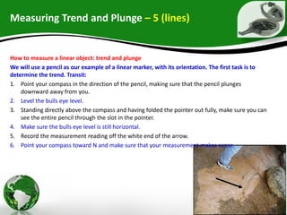 Measuring Trend and Plunge – 5 (lines)
How to measure a linear object: trend and plunge
We will use a pencil as our example of a linear marker, with its orientation. The first task is to
determine the trend. Transit:
1. Point your compass in the direction of the pencil, making sure that the pencil plunges
downward away from you.
2. Level the bulls eye level.
3. Standing directly above the compass and having folded the pointer out fully, make sure you can
see the entire pencil through the slot in the pointer.
4. Make sure the bulls eye level is still horizontal.
5. Record the measurement reading off the white end of the arrow.
6. Point your compass toward N and make sure that your measurement makes sense.
 