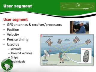 User segment
User segment
• GPS antennas & receiver/processors
• Position
• Velocity
• Precise timing
• Used by
– Aircraft
– Ground vehicles
– Ships
– Individuals
 
