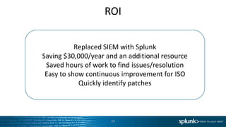 ROI

           Replaced SIEM with Splunk
Saving $30,000/year and an additional resource
 Saved hours of work to find issues/resolution
 Easy to show continuous improvement for ISO
            Quickly identify patches



                     14
 