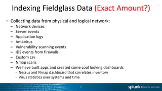 Indexing Fieldglass Data (Exact Amount?)
Collecting data from physical and logical network:
–   Network devices
–   Server events
–   Application logs
–   Anti-virus
–   Vulnerability scanning events
–   IDS events from firewalls
–   Custom csv
–   Nmap scans
–   We have built apps and created some cool looking dashboards
     Nessus and Nmap dashboard that correlates inventory
     Virus statistics over systems and time

                                         6
 