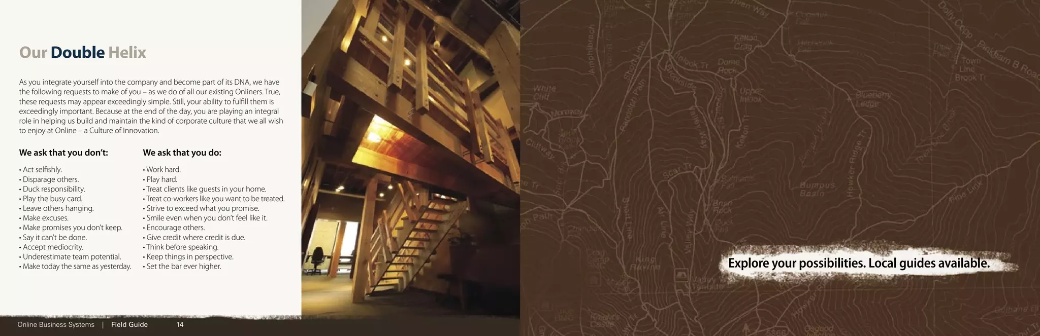 Our Double Helix
As you integrate yourself into the company and become part of its DNA, we have
the following requests to make of you – as we do of all our existing Onliners. True,
these requests may appear exceedingly simple. Still, your ability to fulﬁll them is
exceedingly important. Because at the end of the day, you are playing an integral
role in helping us build and maintain the kind of corporate culture that we all wish
to enjoy at Online – a Culture of Innovation.

We ask that you don’t:                 We ask that you do:
• Act selﬁshly.                        • Work hard.
• Disparage others.                    • Play hard.
• Duck responsibility.                 • Treat clients like guests in your home.
• Play the busy card.                  • Treat co-workers like you want to be treated.
• Leave others hanging.                • Strive to exceed what you promise.
• Make excuses.                        • Smile even when you don’t feel like it.
• Make promises you don’t keep.        • Encourage others.
• Say it can’t be done.                • Give credit where credit is due.
• Accept mediocrity.                   • Think before speaking.
• Underestimate team potential.        • Keep things in perspective.
• Make today the same as yesterday.    • Set the bar ever higher.                        Explore your possibilities. Local guides available.



Online Business Systems   |   Field Guide         14
 