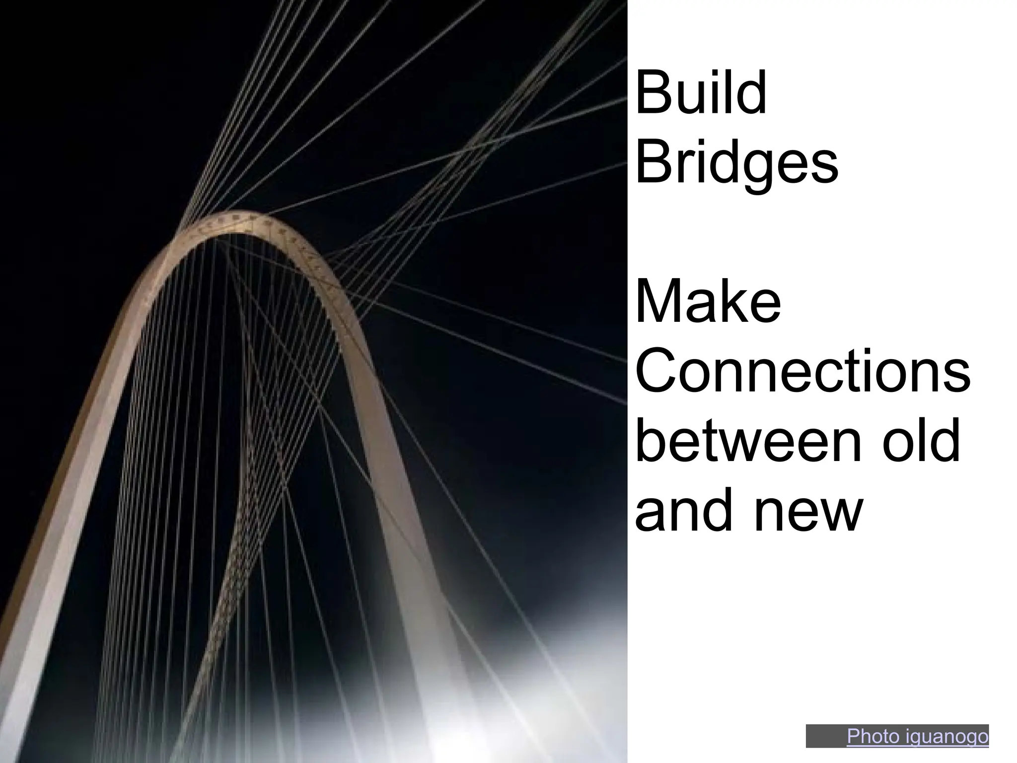 Build
Bridges

Make
Connections
between old
and new


          Photo iguanogo
 