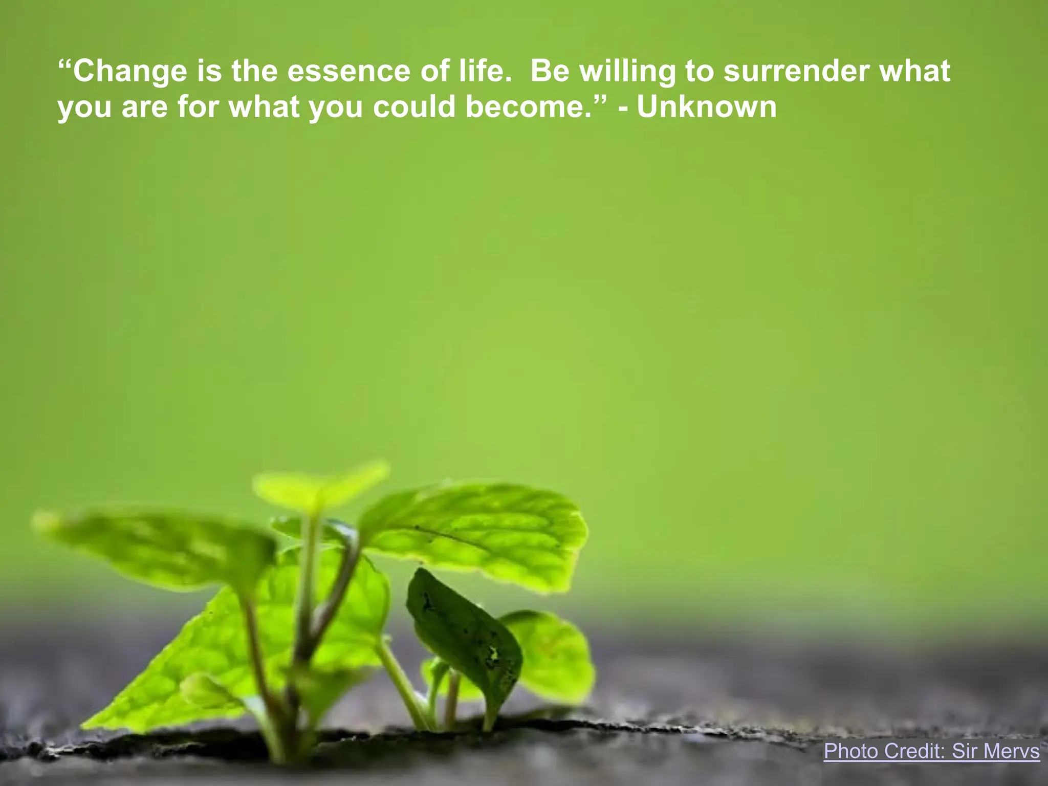 “Change is the essence of life. Be willing to surrender what
you are for what you could become.” - Unknown




                                                   Photo Credit: Sir Mervs
 