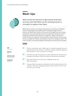 104
The Field Guide to Human-Centered Design
Mash-Ups
What would the Harvard of agricultural extension
services look like? Mash up two existing brands or
concepts to explore new ideas.
STEPS
01 The first, and hardest, part of Mash-Ups is to isolate the quality that you’re
looking to add to your solution. Is it efficiency, speed, cleanliness, glamour?
Write it down on a Post-it and put it on the wall.
02 
Now that you’ve got the quality you’re after, Brainstorm (p. 94) real-world
examples of businesses, brands, and services that embody that quality.
03 
Now, layer that brand on top of your challenge and ask your
Mash-Up question.
04 
Take your Mash-Up question and Brainstorm what it would look like in the
context in which you’re designing. Capture all your ideas on Post-its and
put them up on the wall.
Mash-Ups are similar to Analogous Inspiration (p. 53) in that each Method
relies on isolating the exact quality you’re looking to design into your
solution. For Mash-Ups, however, this is more of a thought exercise, a chance
to pose bold, even unreasonable questions to speed your thinking. If you’re
designing a healthful school lunch, you might ask, “What’s the farmer’s
market version of a cafeteria?” Or if you want to make financial services more
social, you might ask “What’s the Facebook version of a savings account?” The
trick is to layer a real-world example of the quality you need onto your design.
TIME
30-45 minutes
DIFFICULTY
Hard
WHAT YOU’LL NEED
Pens, Post-its, paper
PARTICIPANTS
Design team
 