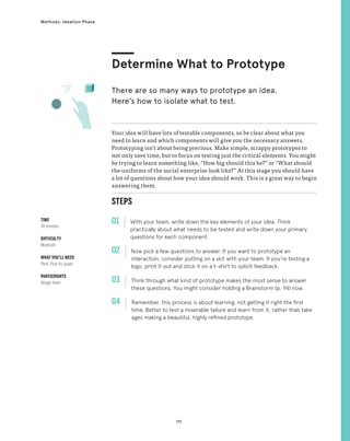 111
Methods: Ideation Phase
STEPS
01 With your team, write down the key elements of your idea. Think
practically about what needs to be tested and write down your primary
questions for each component.
02 
Now pick a few questions to answer. If you want to prototype an
interaction, consider putting on a skit with your team. If you’re testing a
logo, print it out and stick it on a t-shirt to solicit feedback.
03 
Think through what kind of prototype makes the most sense to answer
these questions. You might consider holding a Brainstorm (p. 94) now.
04 
Remember, this process is about learning, not getting it right the first
time. Better to test a miserable failure and learn from it, rather than take
ages making a beautiful, highly refined prototype.
Your idea will have lots of testable components, so be clear about what you
need to learn and which components will give you the necessary answers.
Prototyping isn’t about being precious. Make simple, scrappy prototypes to
not only save time, but to focus on testing just the critical elements. You might
be trying to learn something like, “How big should this be?” or “What should
the uniforms of the social enterprise look like?” At this stage you should have
a lot of questions about how your idea should work. This is a great way to begin
answering them.
Determine What to Prototype
There are so many ways to prototype an idea.
Here’s how to isolate what to test.
TIME
30 minutes
DIFFICULTY
Moderate
WHAT YOU’LL NEED
Pens, Post-its, paper
PARTICIPANTS
Design team
 